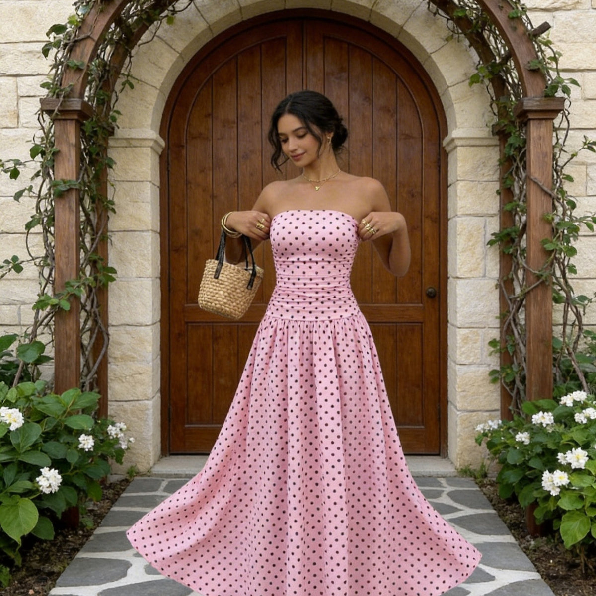 Polka Dot High Neck Sleeveless Long Dress