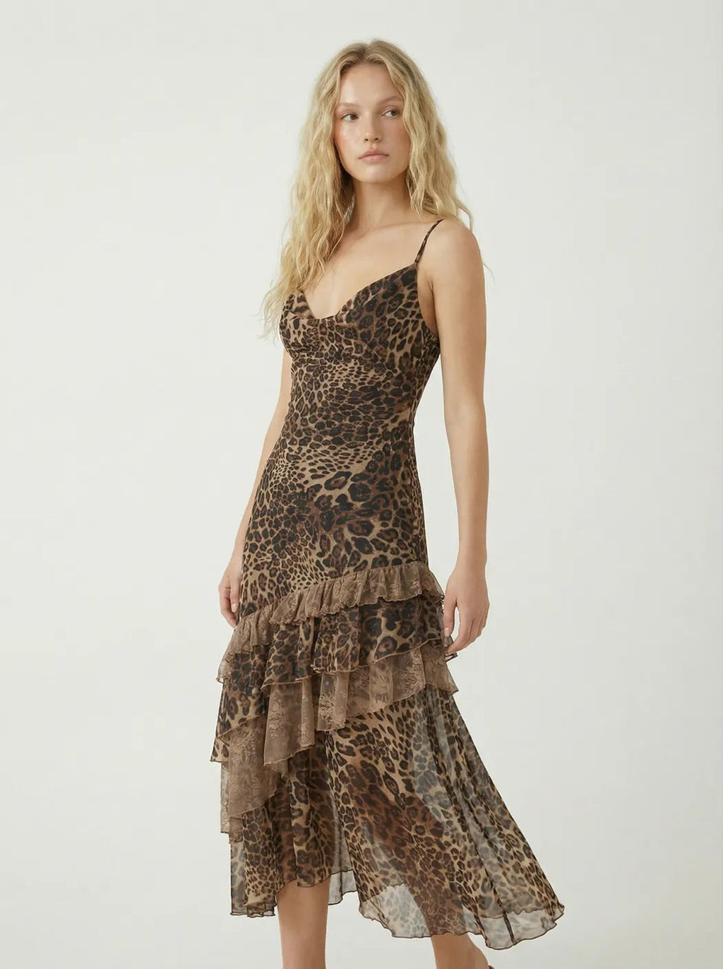 Leopard Print Sheer Mesh Sling Dress