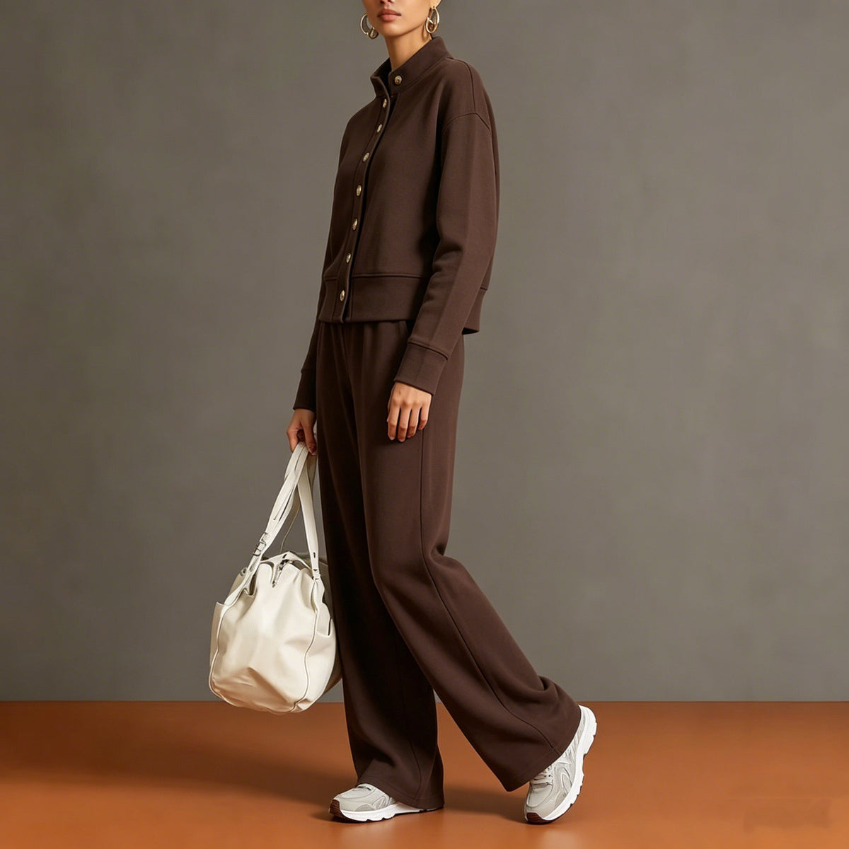 Women's Solid Color Stand Collar Sweatshirt and Wide Leg Pants Casual Two Piece Set