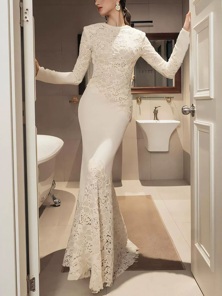 Elegant Lace Fishtail Long Sleeve Slim Fit Evening Dress