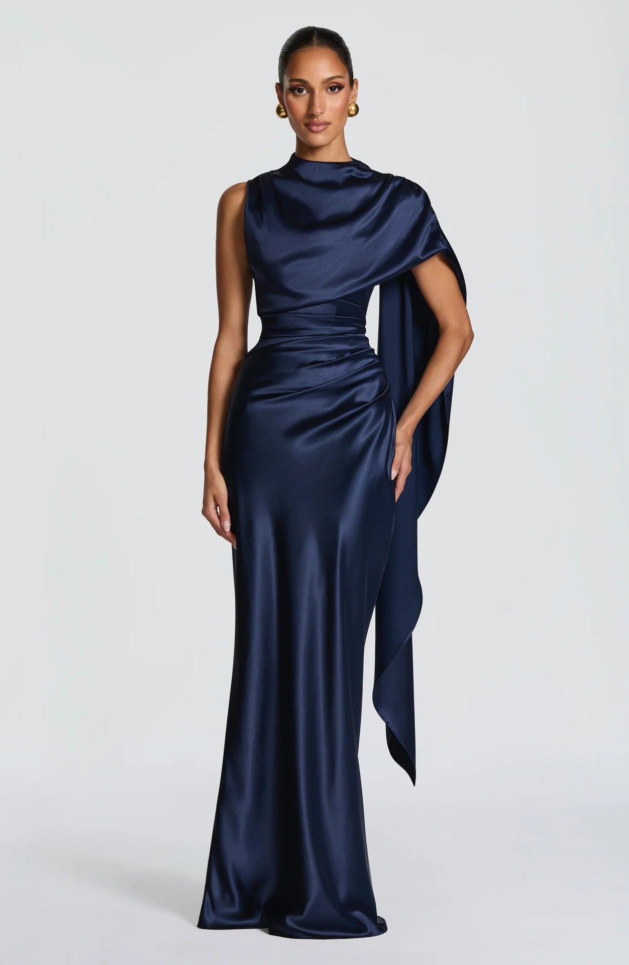 High-End Satin One-Shoulder Ribbon Waist Fishtail Gown