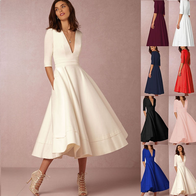 Womens Sexy Deep V Mid Sleeve Solid Color Splicing Swing Dress