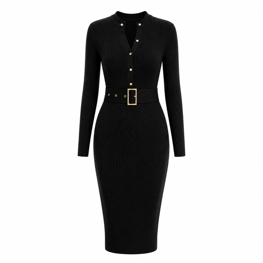 Elegant Bodycon Knitted Ribbed Midi Dress with Belt