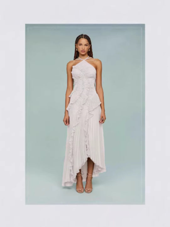 Summer Pleated Halter Neck Backless Dress
