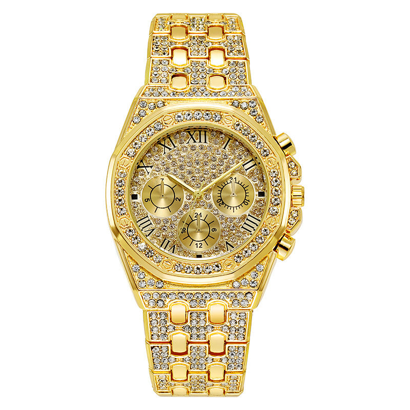 Men's Fashion Quartz Watch with Rhinestone Dial and Steel Band