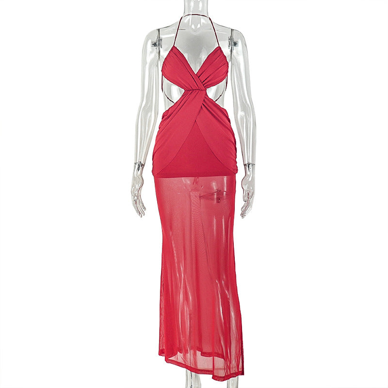 Womens Backless Halter Neck Long Dress