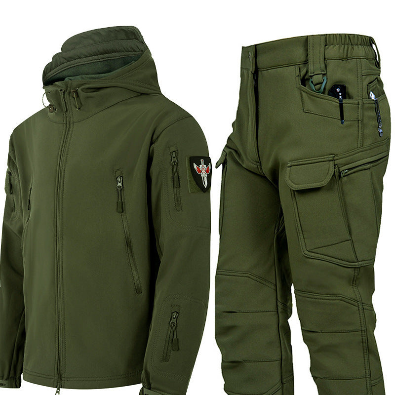 Men's Waterproof Tactical Jacket Set with Fleece Lining Sharkskin Outdoor Hunting Clothing