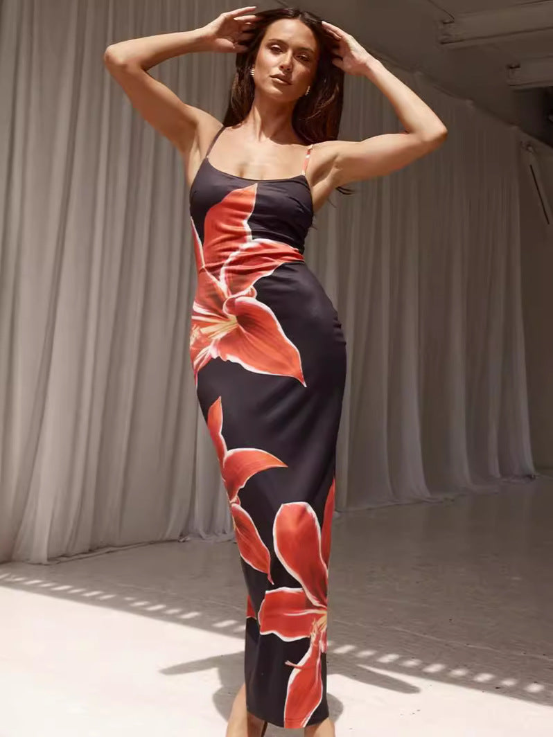Floral Print Suspender Slit Dress