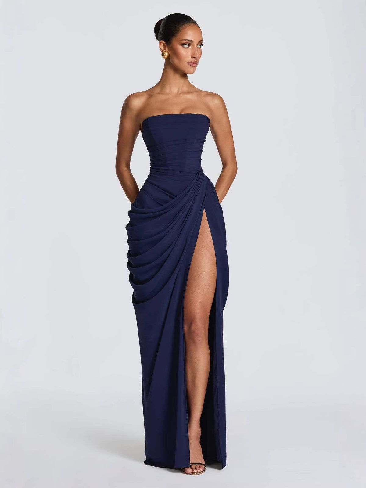 Off-shoulder ruffled slit dress