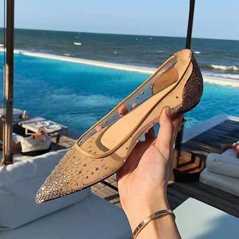 Mesh Rhinestone Pointed Toe Flats