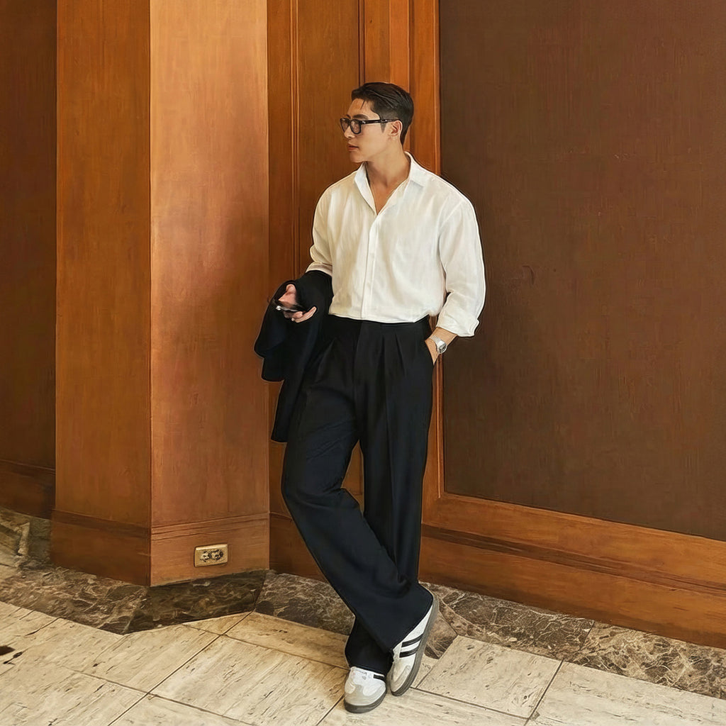 Men's Double Pleated Wide-Leg Trousers