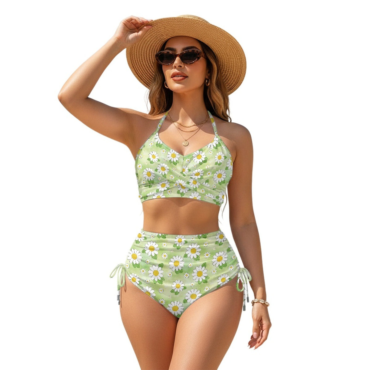 Women Sexy Animal Print High-Waist Drawstring Two-Piece Bikini Swimsuit