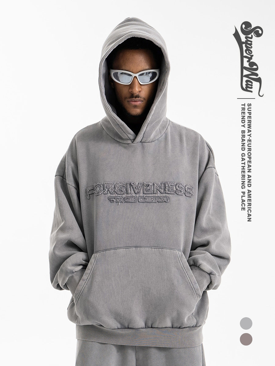 Retro Tassel Embroidered Letters Simple and Versatile Hooded Sweatshirt for Men