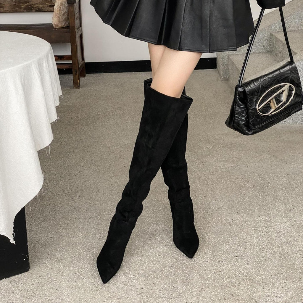 Womens Pointed Toe Knee High Suede Boots