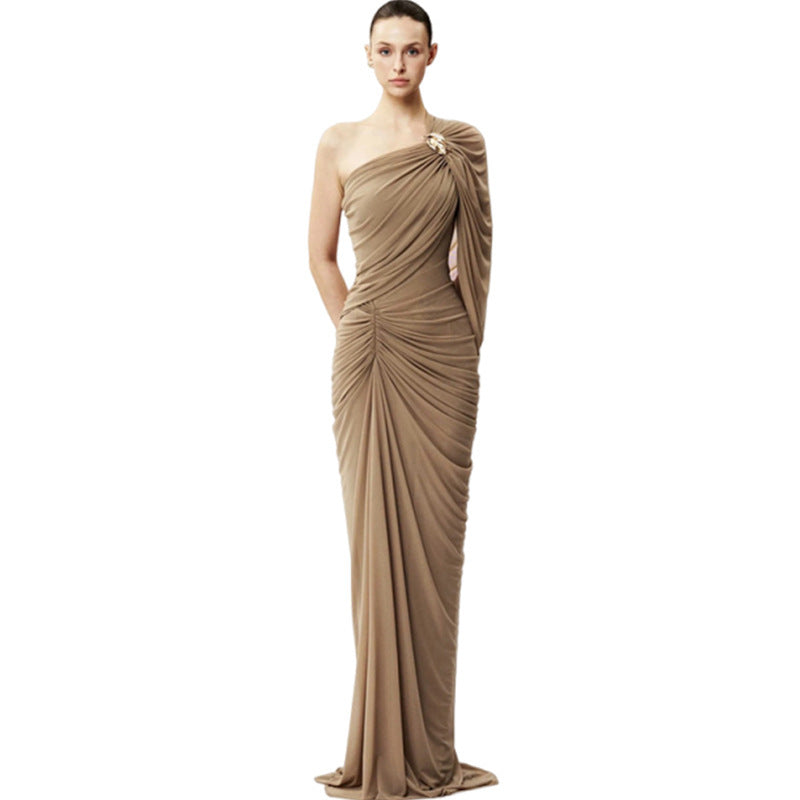 Women Vintage Pleated High Waist Irregular Hem Long Dress Sleeveless Slim Fit Casual Maxi Dress