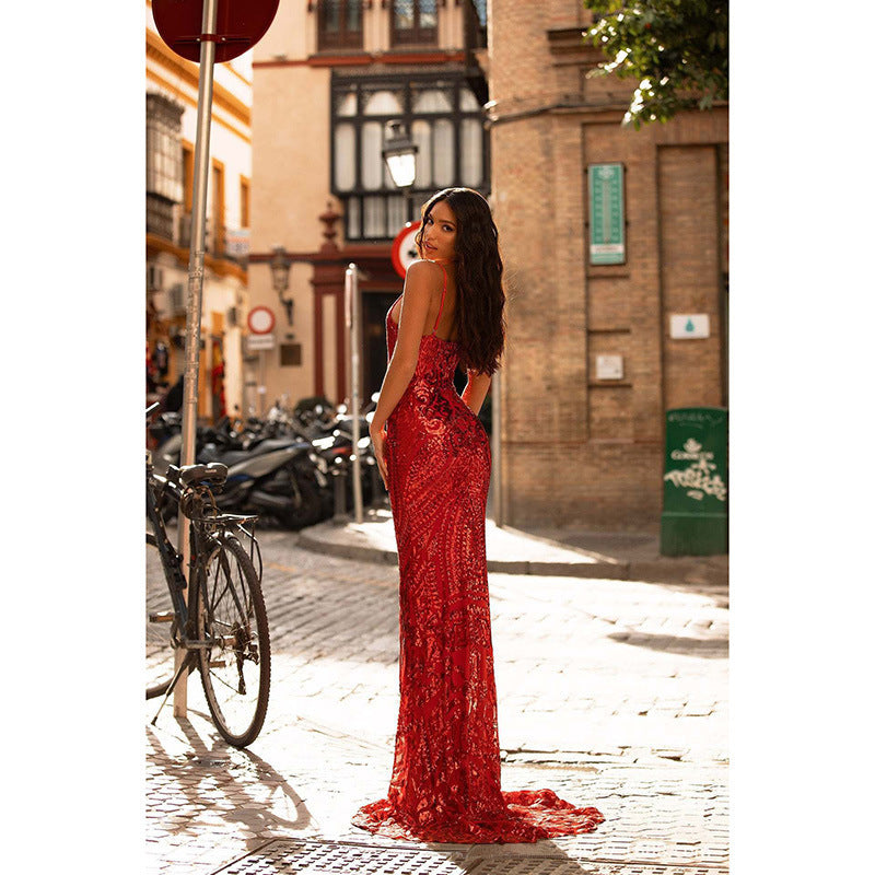 Red Sequin Lace Fishtail Evening Dress