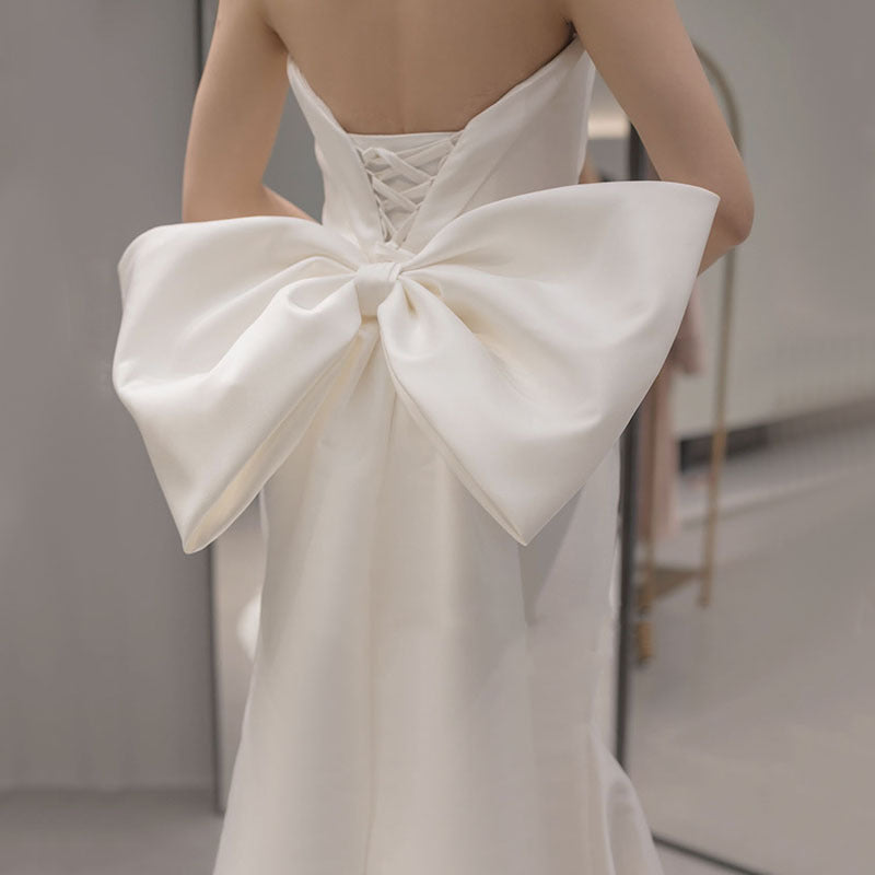 White satin strapless lightweight wedding dress
