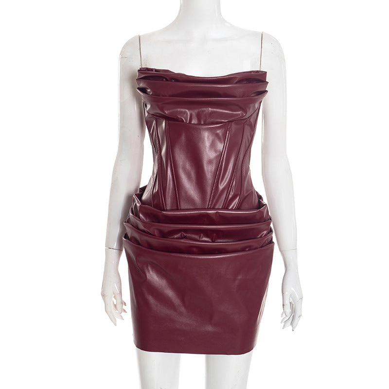 Womens PU Pleated Tube Dress