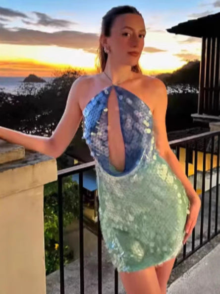 Elegant Sequined Halter Neck Dress