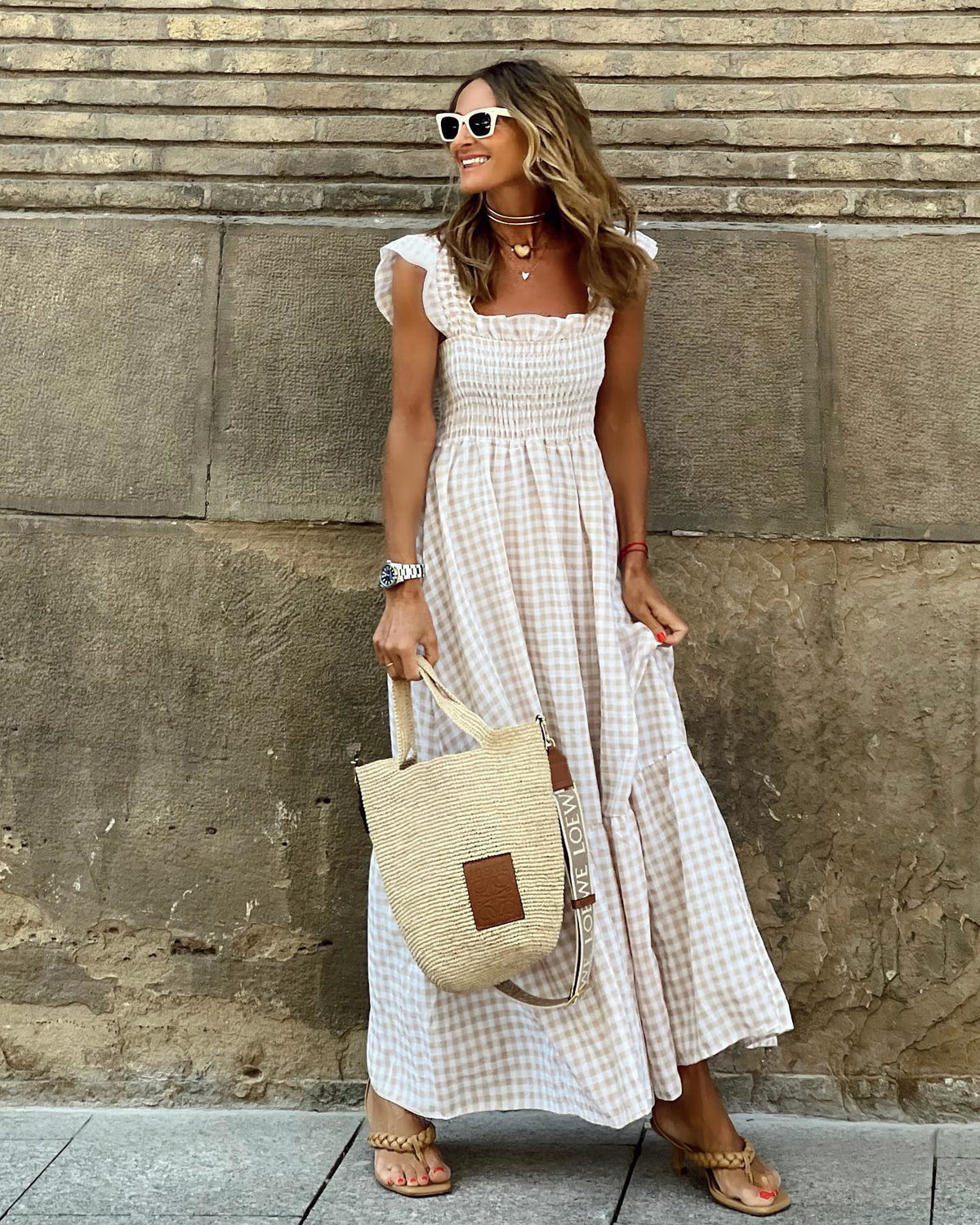 Summer Stylish Women's Patchwork Plaid Strap Elastic Flared Dress