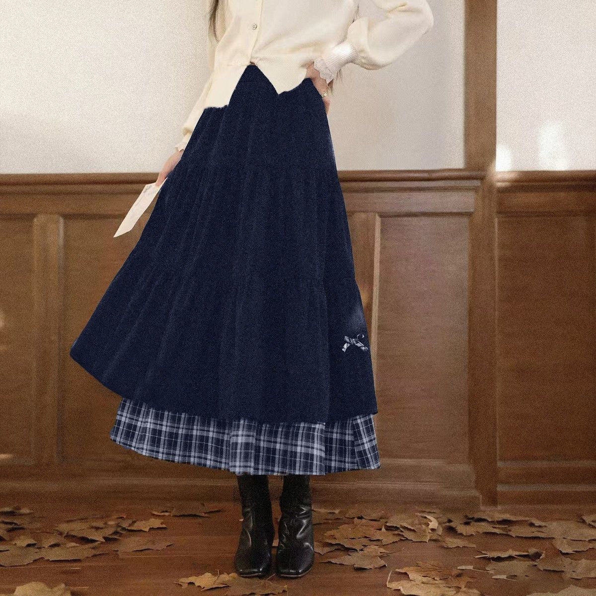 Woolen corduroy patchwork check high-waisted A-line long dress