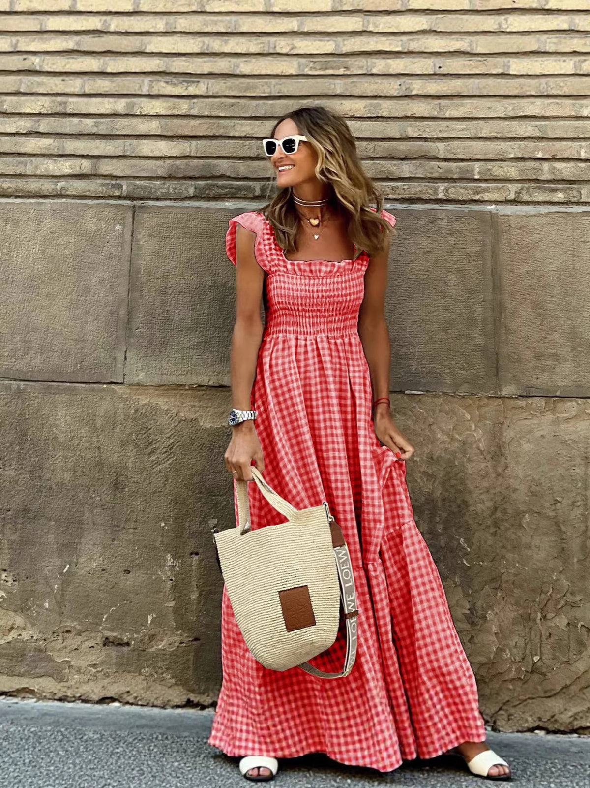Summer Stylish Women's Patchwork Plaid Strap Elastic Flared Dress