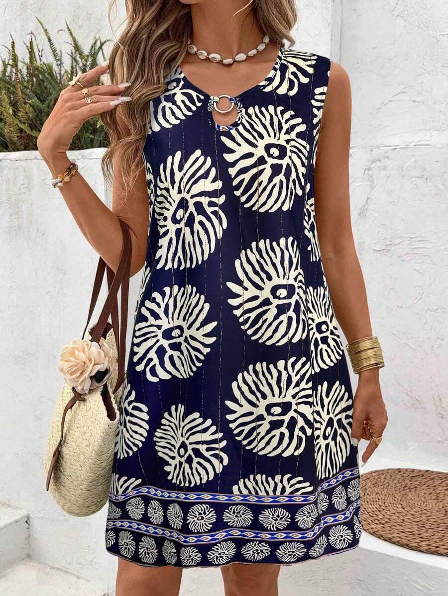 Hawaiian Floral Print V-Neck Sleeveless Mid-Length Dress