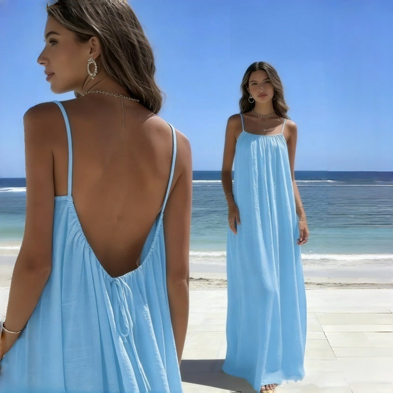 Womens Loose Fit Sleeveless Tie Neck Long Dress