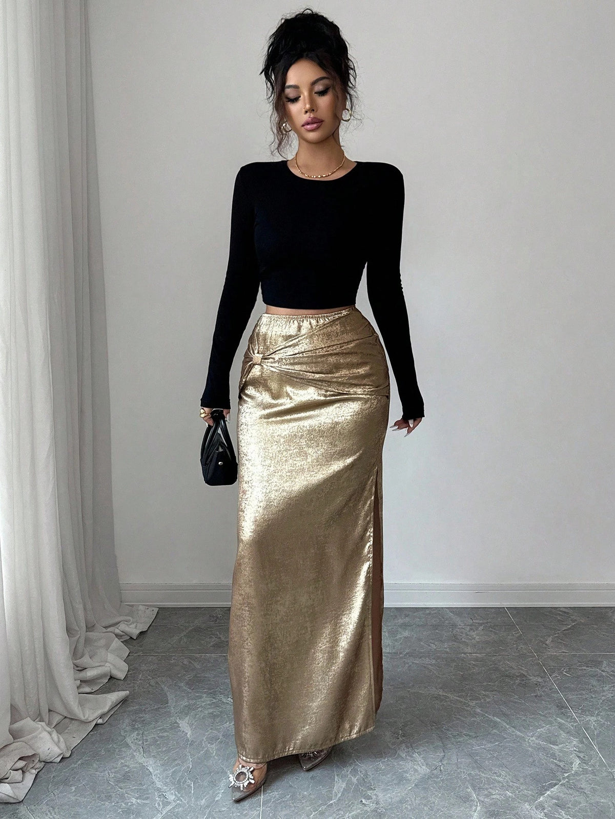 Metal Decorated Pleated Slit Skirt