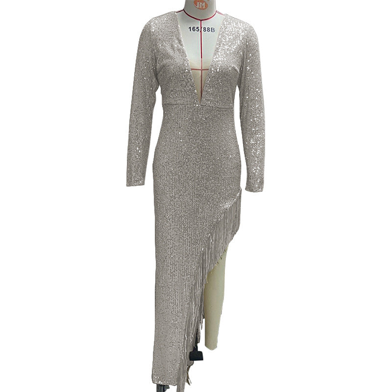 2025 Amazon Dress Tassel Sequin Waist Deep V Long Sleeve Side Slit Sexy Asymmetric Dress Women