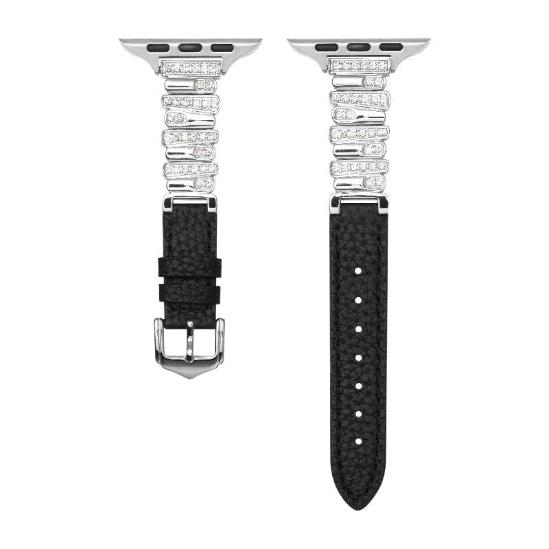 Irregular Diamond-Encrusted Leather Strap for Apple Watch Series 1-11