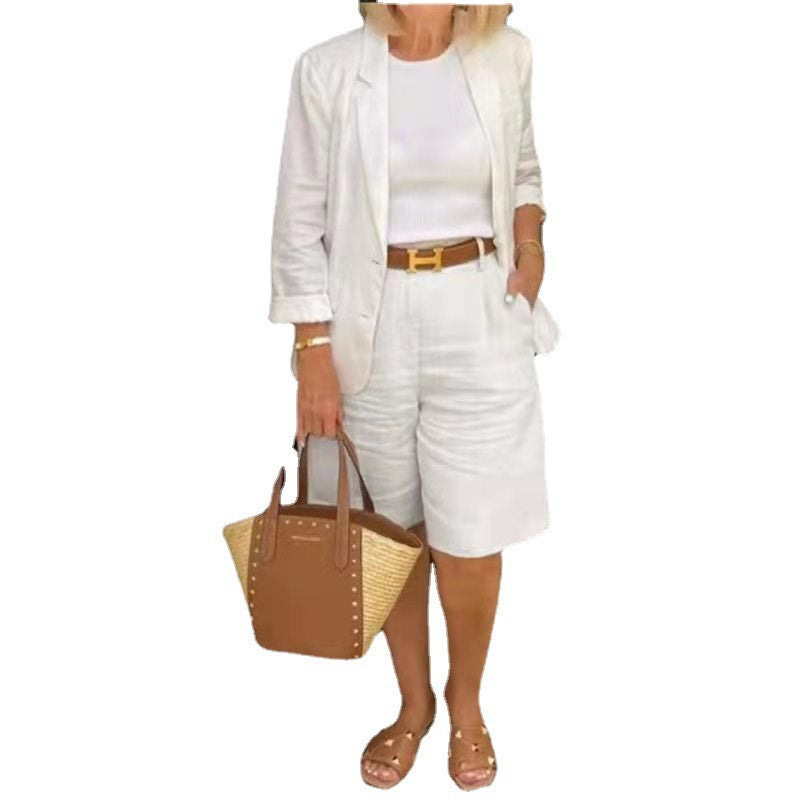 Women's Clothing Cotton and Linen Cardigan Tops Shorts Small Suit Two-Piece Set
