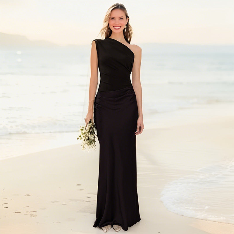 Diagonal Neckline Sleeveless Satin Long Dress