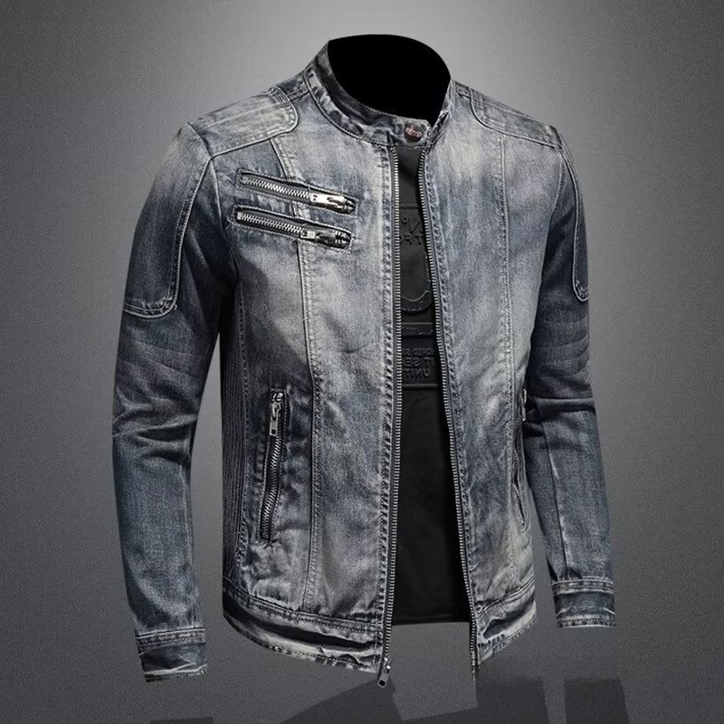 Men's Retro Solid Color Stand Collar Denim Jacket Casual Long Sleeve Outerwear