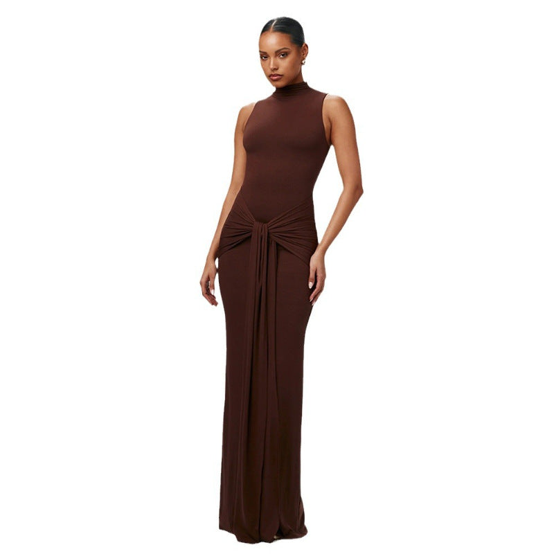 Elegant Solid Color Sleeveless Waist Strap Dress