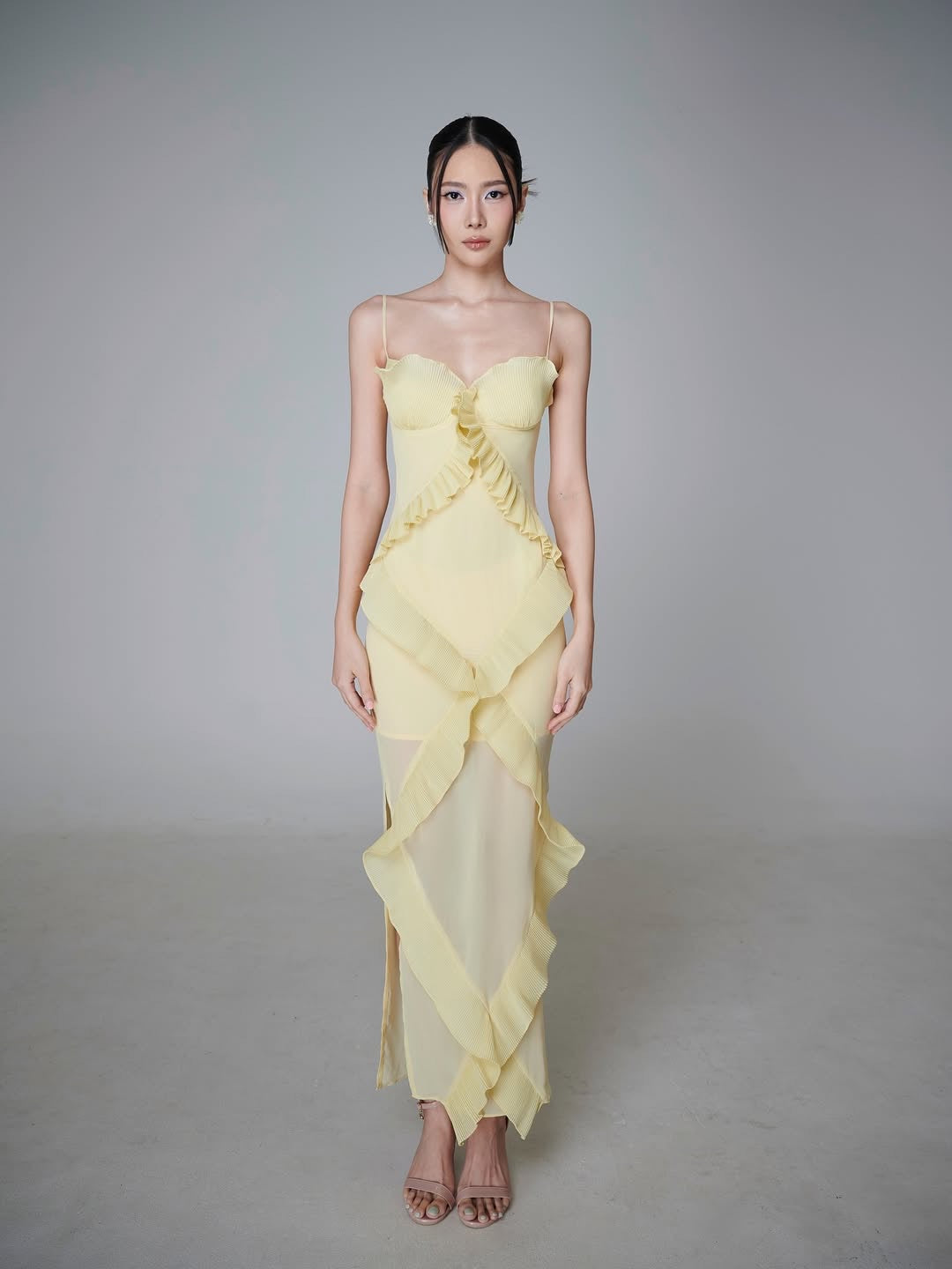 Yellow Spaghetti Strap Dress Slim Fit Irregular Long Dress