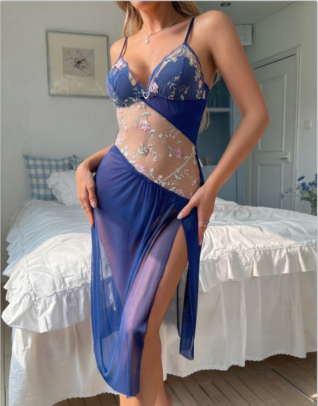 Lace Floral Embroidery Mesh Nightgown