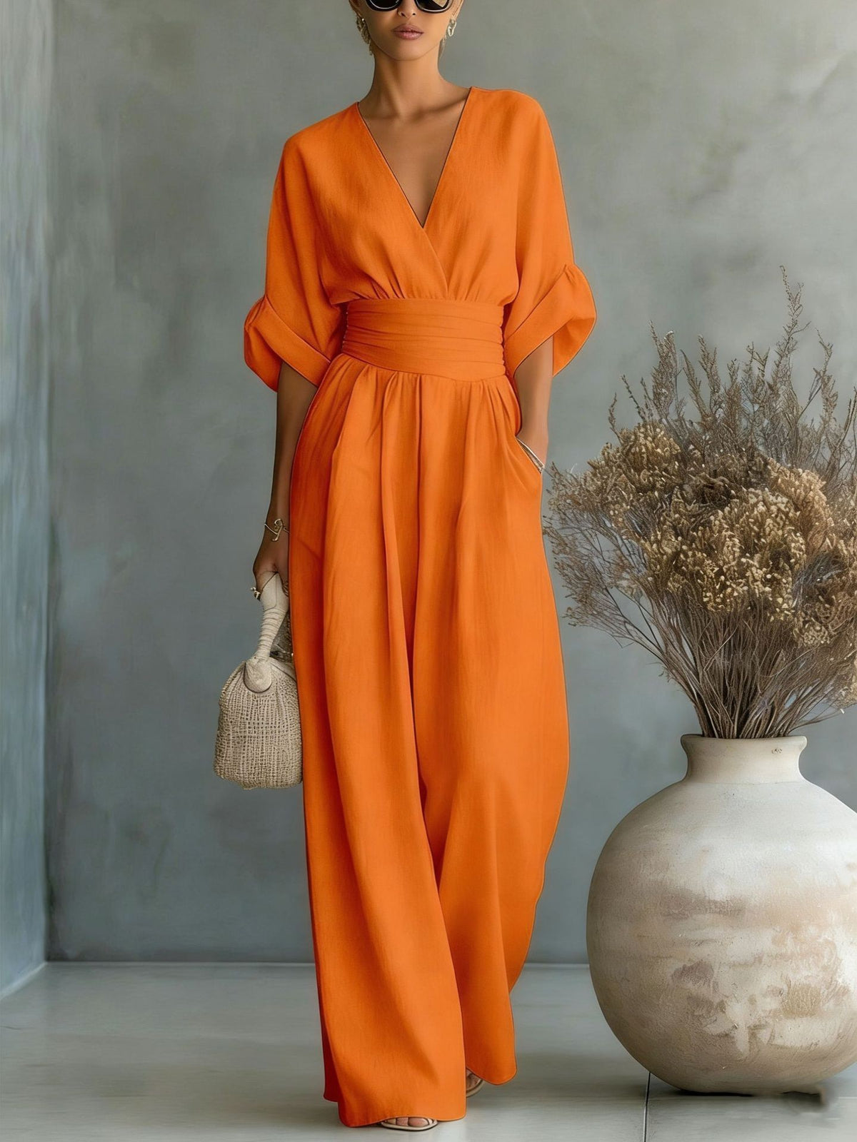Elegant V Neck Waist Cinching Women Jumpsuit