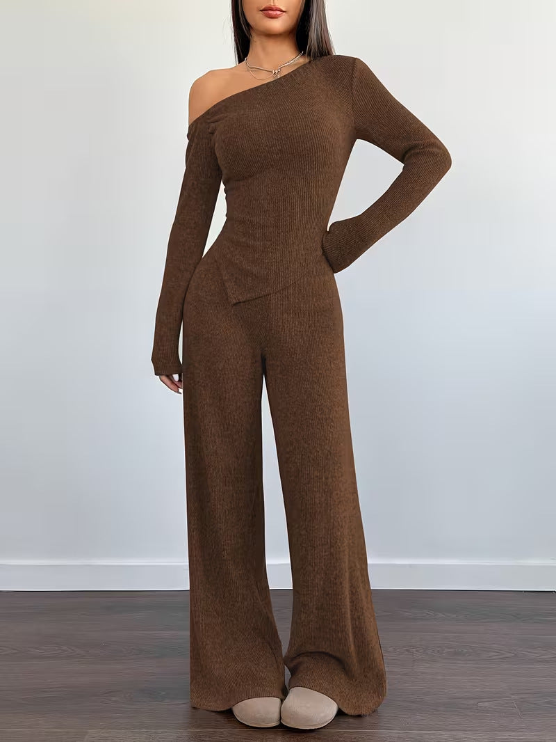 Women One Shoulder Knitted Top and Pants