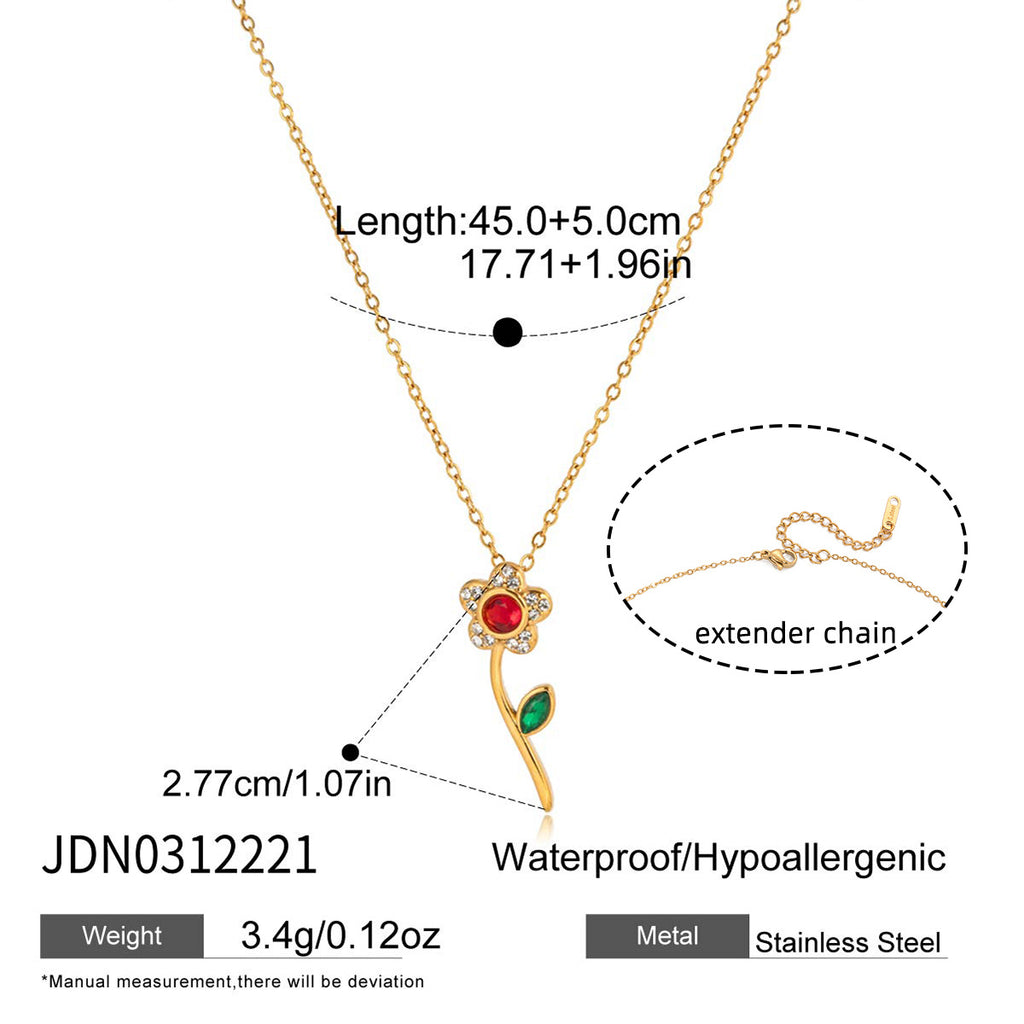 18K Gold Plated Stainless Steel Rhinestone Flower Pendant Necklace for Women