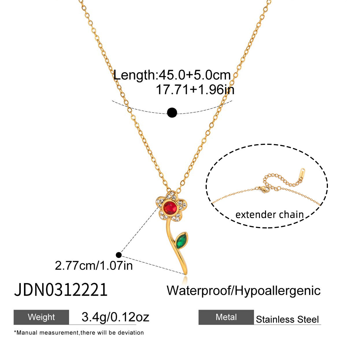 18K Gold Plated Stainless Steel Rhinestone Flower Pendant Necklace for Women