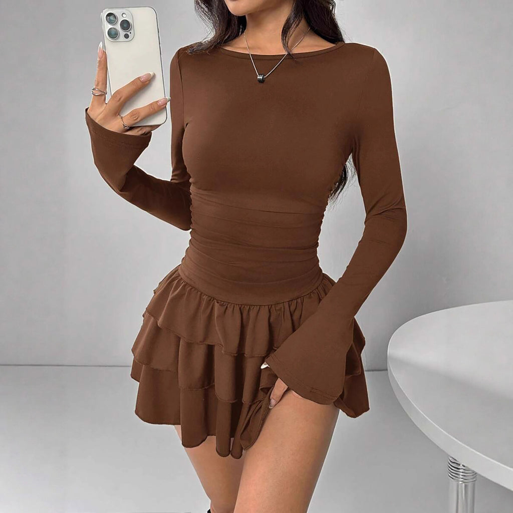 Womens Solid Color Long Sleeve Dress