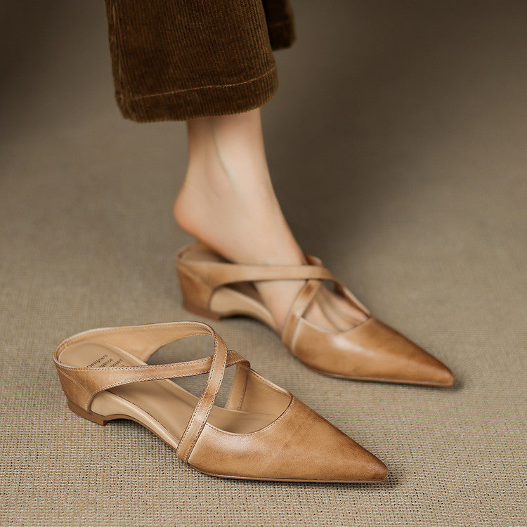 Wasteland Style Retro First-Layer Washed Cowhide Pointed-Toe Mules for Outer Wear and Inner Heightening Cross-Strap Toe-Cap Sandals for Women