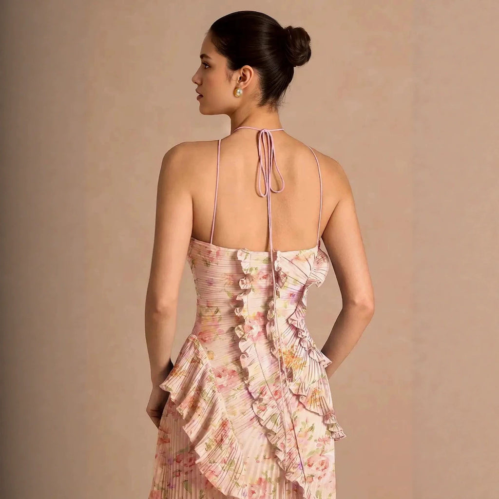 Women's Pleated Chiffon Midi Dress Floral Print Evening Gown