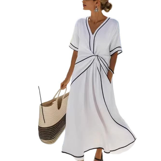 Womens Elegant V-Neck Short Sleeve A-Line Dress Loose Fit