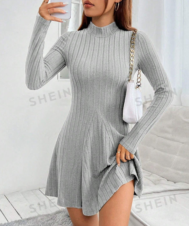 Women's Slim Fit Solid Color Long Sleeve Knitted Dress