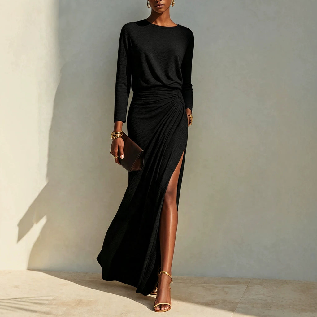 Womens Round Neck Long Sleeve Solid Color High Slit Bodycon Dress