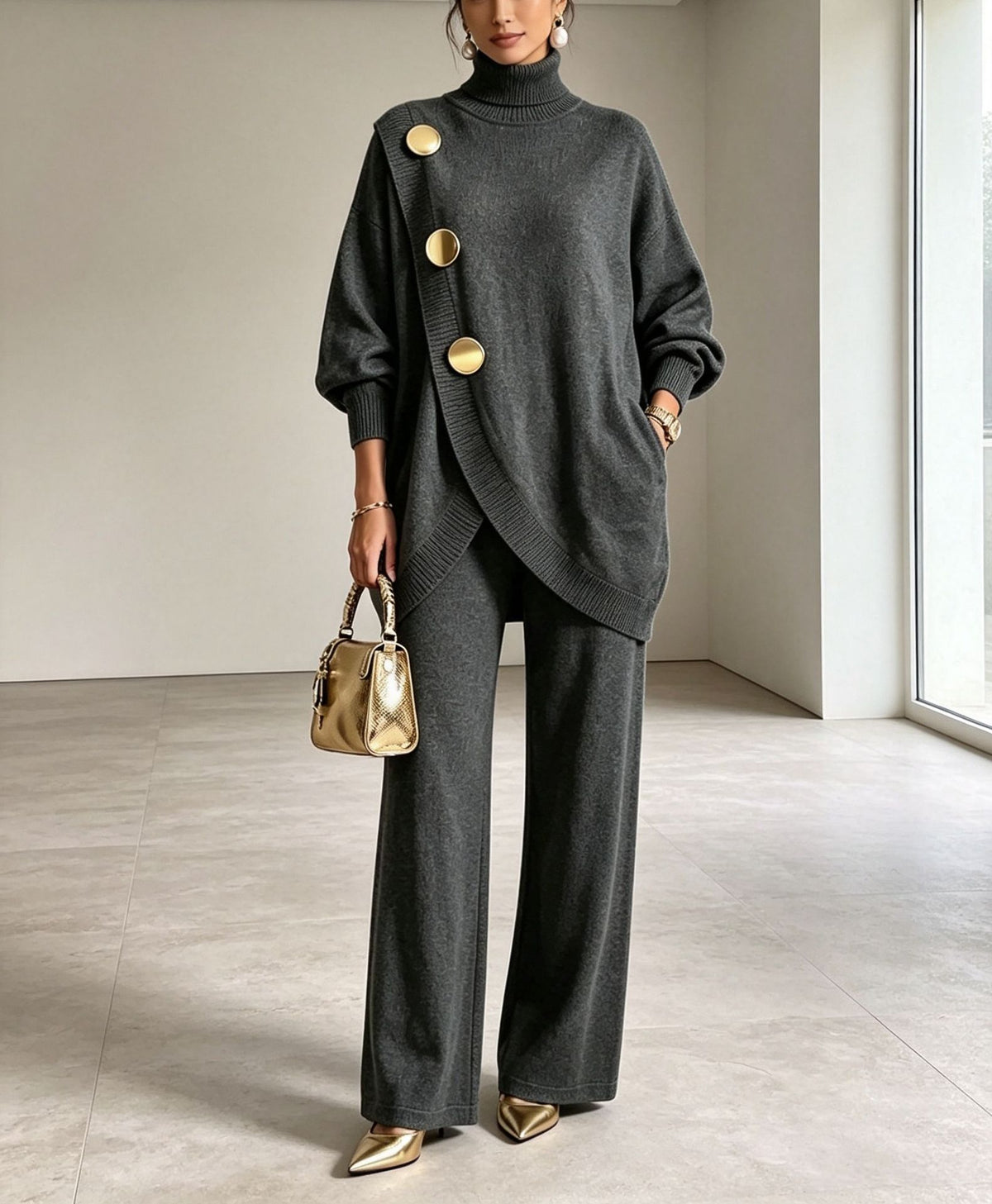 Womens High Neck Knit Two Piece Set