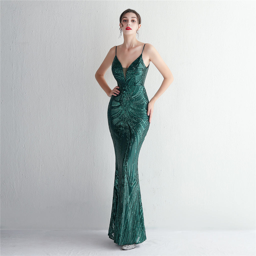 Elegant Sequined Evening Dress with Deep V-Neck