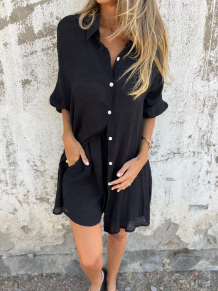 Women's Casual Cotton Linen Shirt and Shorts Set